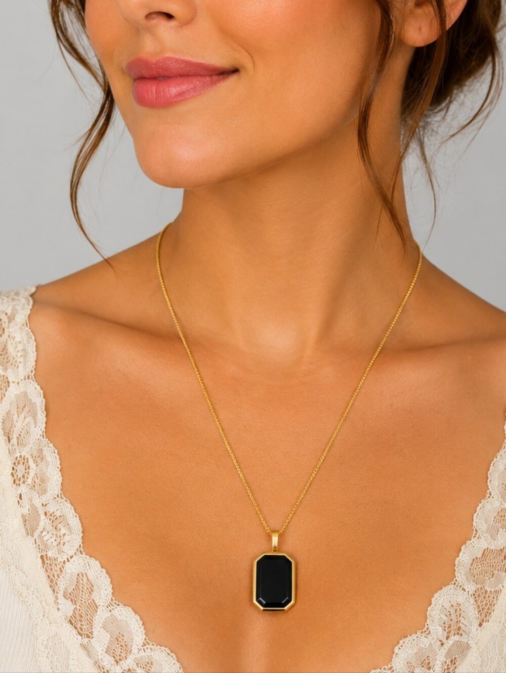 Vtg FOSSIL Unisex Engravable Black Enamel Hexagon Tag Stainless Steel Necklace